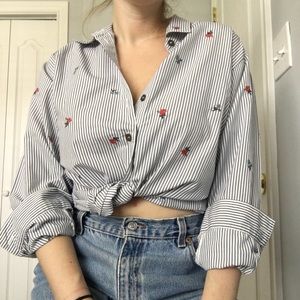 Vintage striped button down w/ embroidered flowers